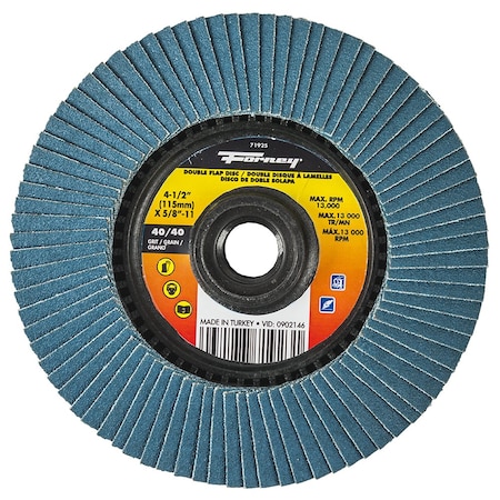 Forney Double Sided Flap Disc, 40/40 Grits, 4-1/2 in 71925